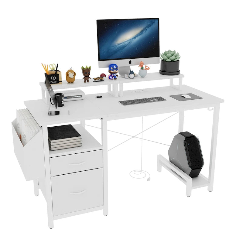 Bureau d'ordinateur moderne avec multiprise, supports pour deux moniteurs et 2 tiroirs pour le bureau à domicile ou l'organisation d'études