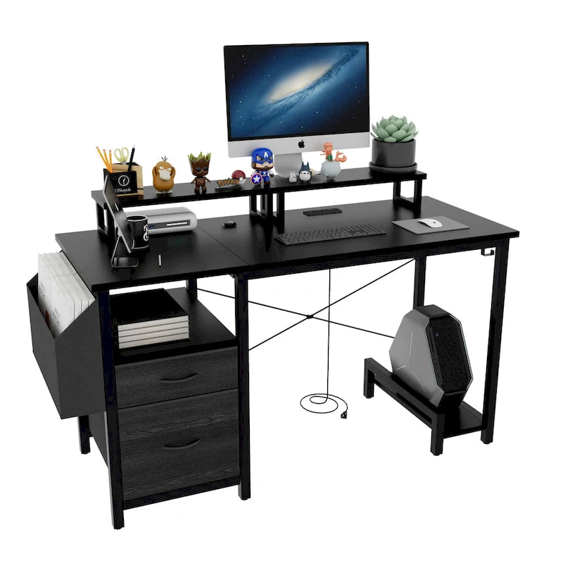 Bureau d'ordinateur moderne avec multiprise, supports pour deux moniteurs et 2 tiroirs pour le bureau à domicile ou l'organisation d'études