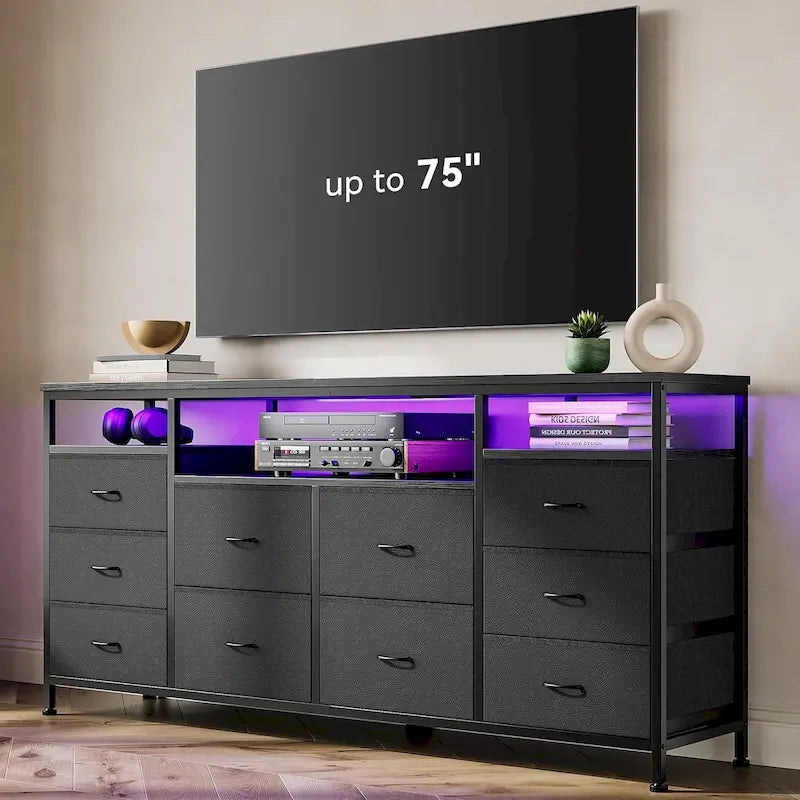 Commode noire de 63,3 pouces pour chambre à coucher, meuble TV à 10 tiroirs