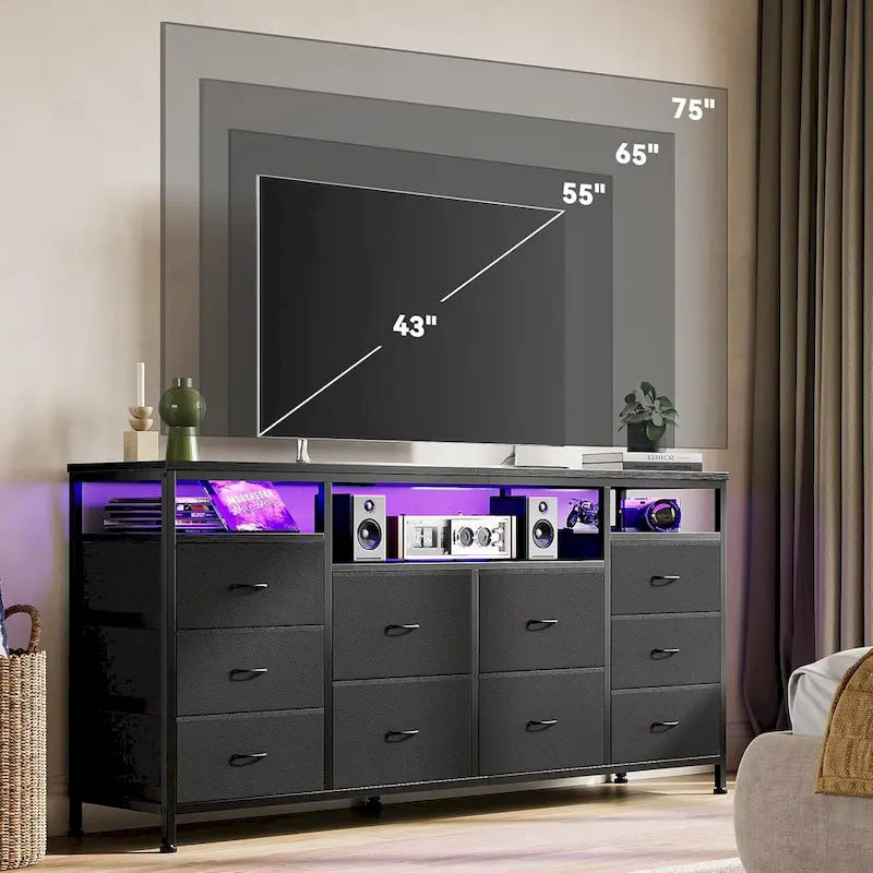 Commode noire de 63,3 pouces pour chambre à coucher, meuble TV à 10 tiroirs
