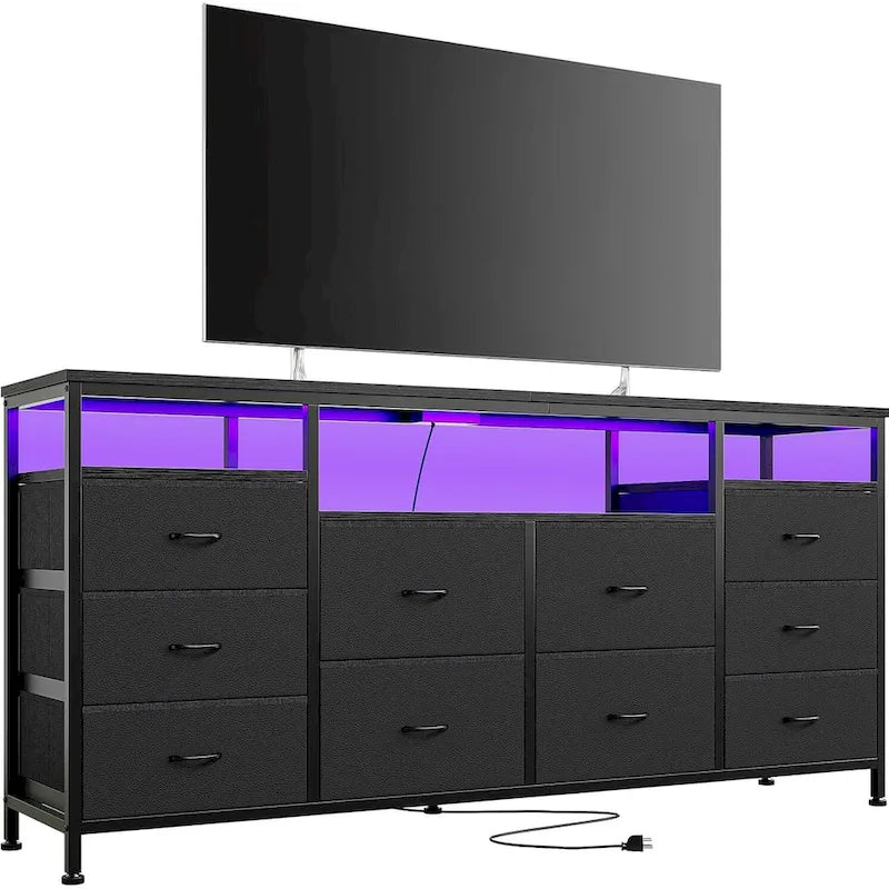 Commode noire de 63,3 pouces pour chambre à coucher, meuble TV à 10 tiroirs