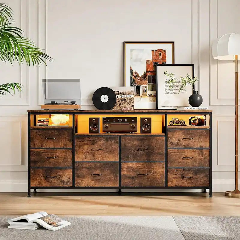 Commode noire de 63,3 pouces pour chambre à coucher, meuble TV à 10 tiroirs