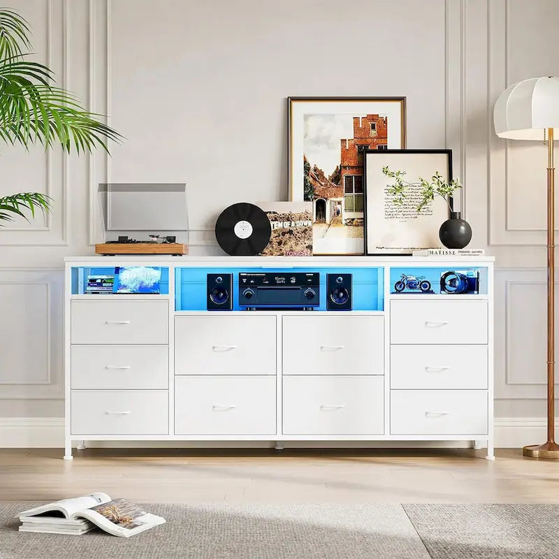 Commode noire de 63,3 pouces pour chambre à coucher, meuble TV à 10 tiroirs