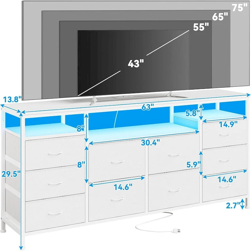 Commode noire de 63,3 pouces pour chambre à coucher, meuble TV à 10 tiroirs