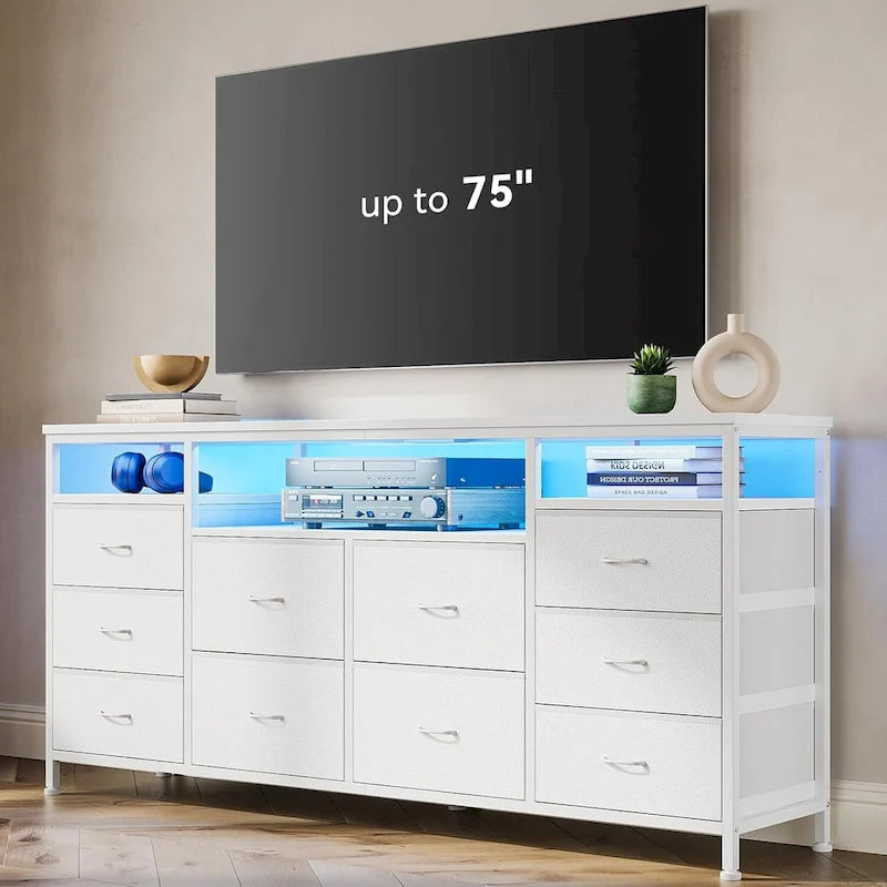 Commode noire de 63,3 pouces pour chambre à coucher, meuble TV à 10 tiroirs