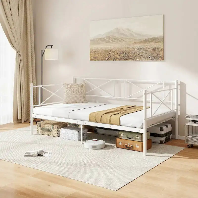 Lit de jour moderne en métal, taille double, plateforme avec structure métallique robuste