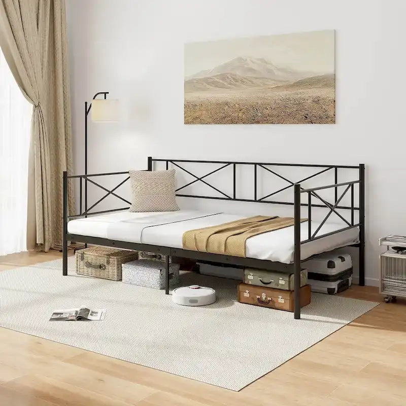 Lit de jour moderne en métal, taille double, plateforme avec structure métallique robuste