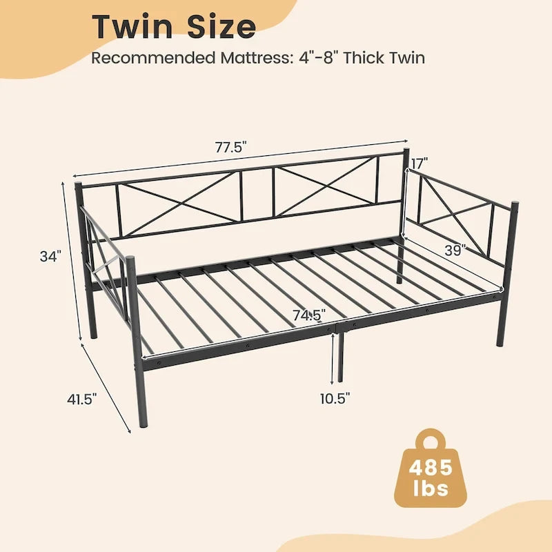 Lit de jour moderne en métal, taille double, plateforme avec structure métallique robuste