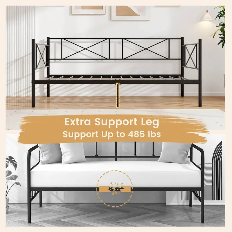 Lit de jour moderne en métal, taille double, plateforme avec structure métallique robuste