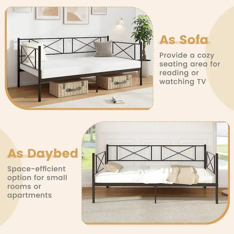 Lit de jour moderne en métal, taille double, plateforme avec structure métallique robuste