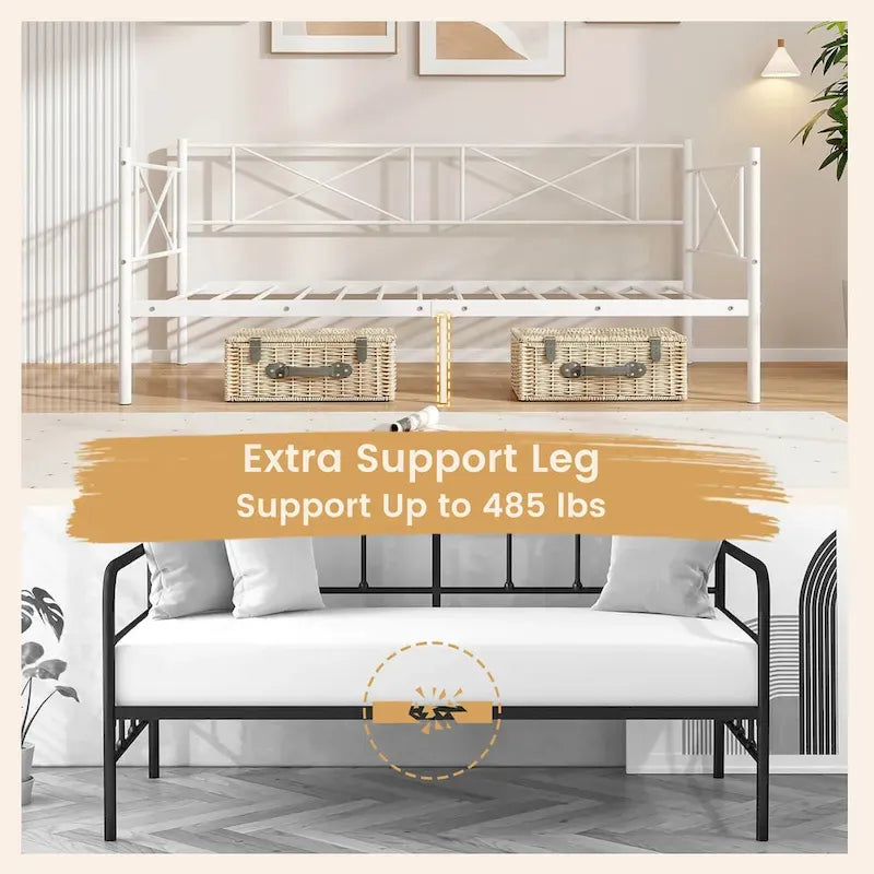 Lit de jour moderne en métal, taille double, plateforme avec structure métallique robuste