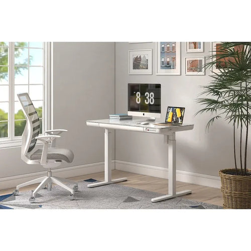 Bureau électrique debout en verre de 48 pouces avec plateau en verre trempé, poste de travail assis-debout à hauteur réglable pour bureau moderne