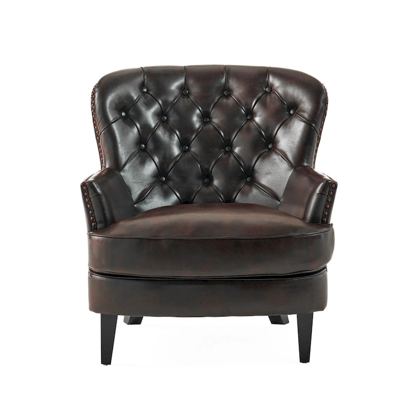 Fauteuil club capitonné en cuir marron surdimensionné