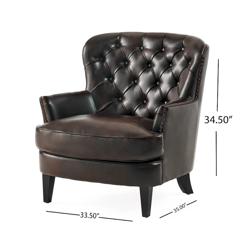 Fauteuil club capitonné en cuir marron surdimensionné