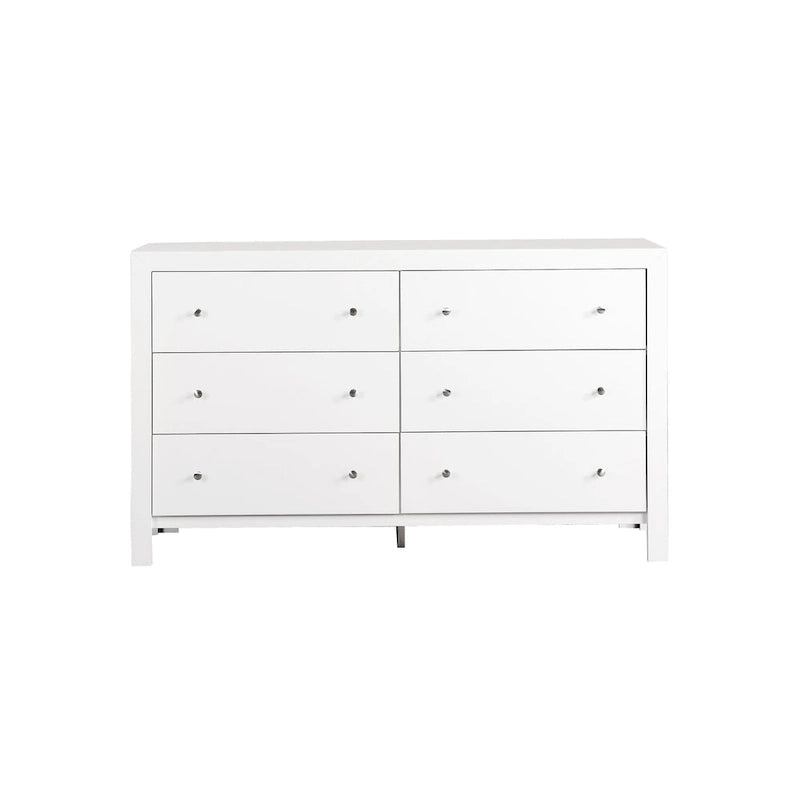 Commode en bois de style transitoire à 6 tiroirs avec quincaillerie argentée pour la chambre à coucher
