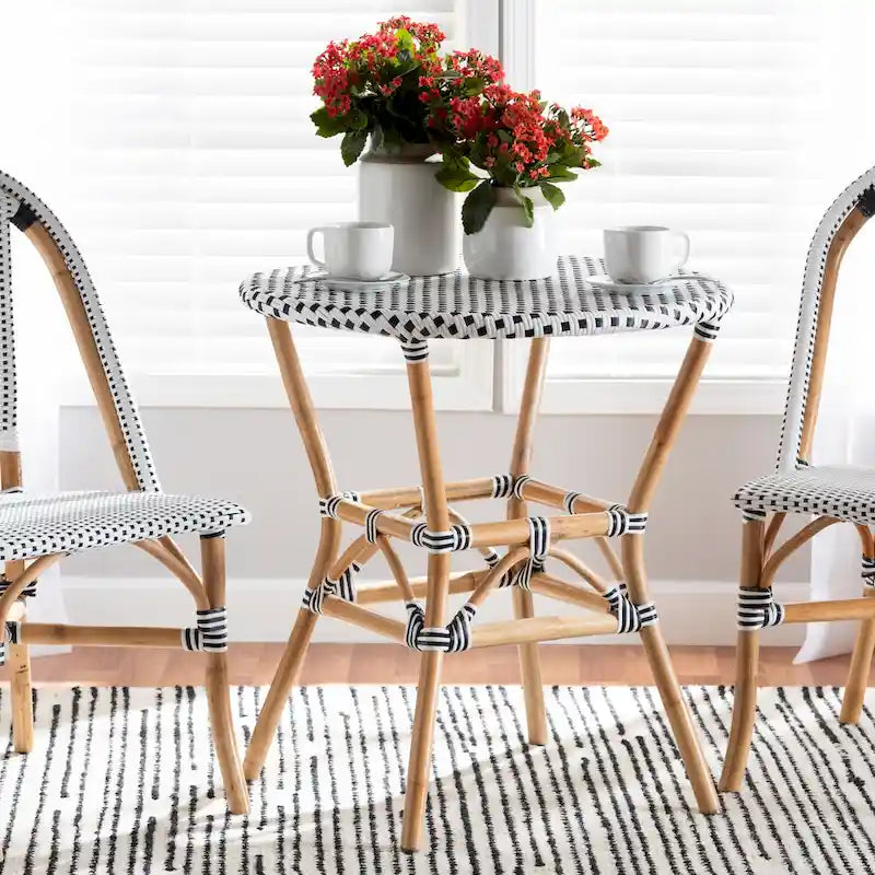 Table à manger classique française en rotin naturel tressé noir et blanc pour l'intérieur et l'extérieur