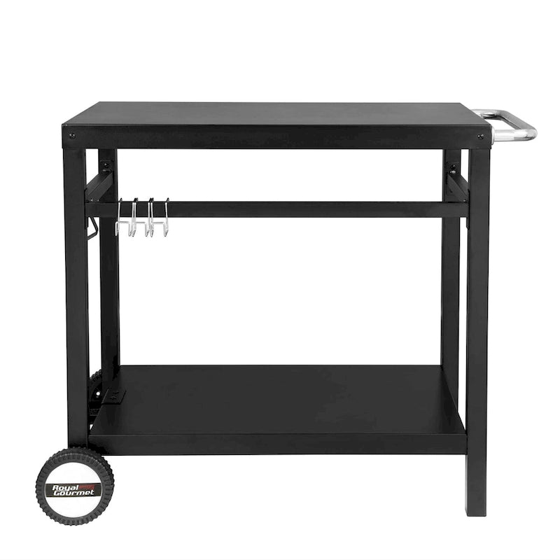 Table de travail roulante avec deux étagères et poignée, noire