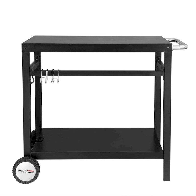 Table de travail roulante avec deux étagères et poignée, noire