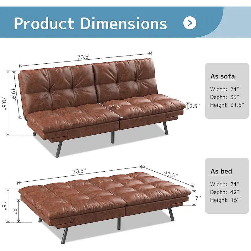 Canapé-lit futon, canapé convertible pliable en mousse à mémoire de forme avec accoudoirs réglables pour petits espaces