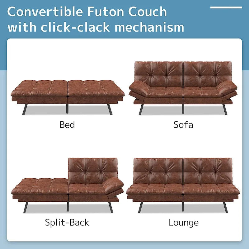 Canapé-lit futon, canapé convertible pliable en mousse à mémoire de forme avec accoudoirs réglables pour petits espaces