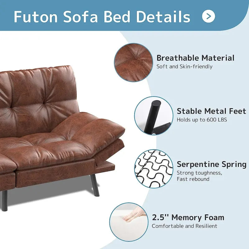 Canapé-lit futon, canapé convertible pliable en mousse à mémoire de forme avec accoudoirs réglables pour petits espaces