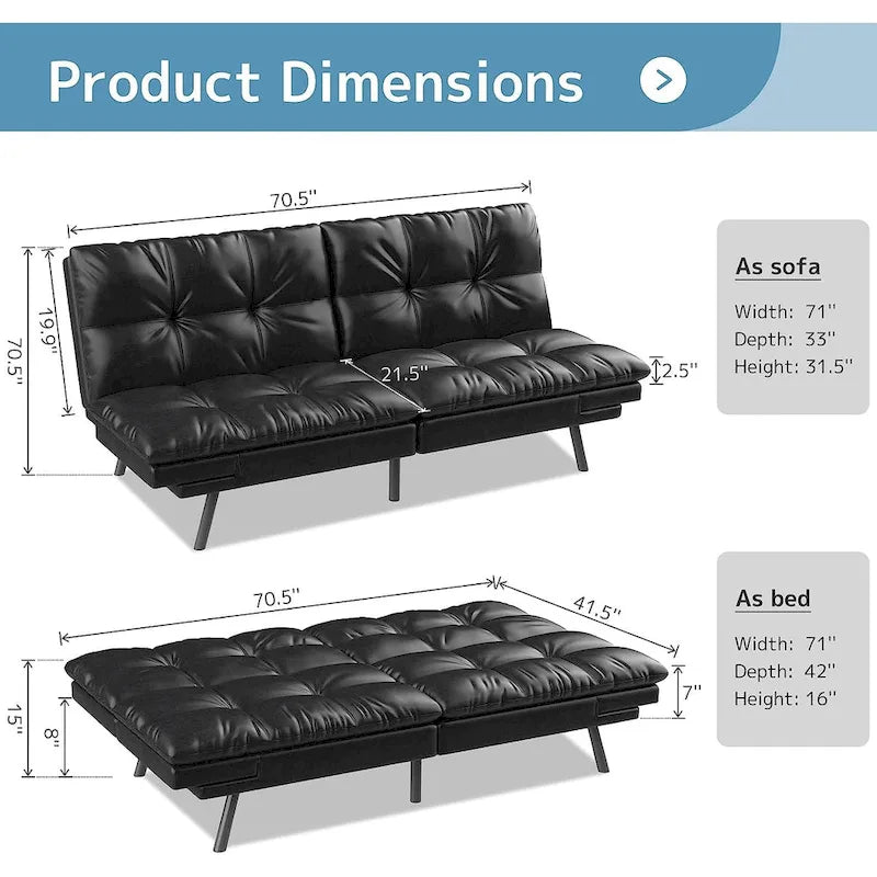 Canapé-lit futon, canapé convertible pliable en mousse à mémoire de forme avec accoudoirs réglables pour petits espaces