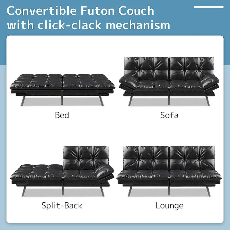 Canapé-lit futon, canapé convertible pliable en mousse à mémoire de forme avec accoudoirs réglables pour petits espaces