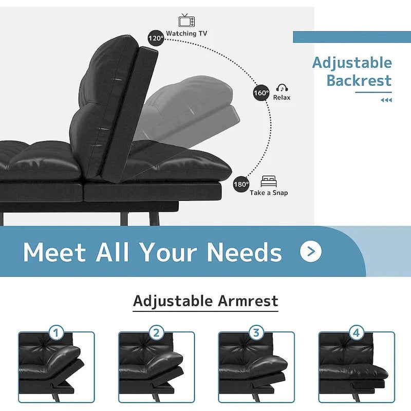 Canapé-lit futon, canapé convertible pliable en mousse à mémoire de forme avec accoudoirs réglables pour petits espaces