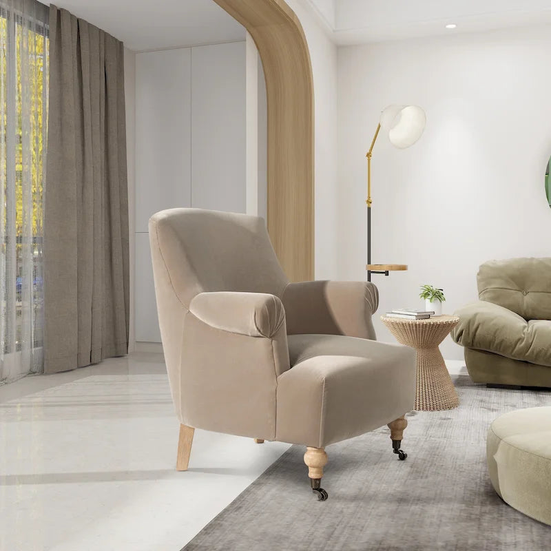 Fauteuil d'appoint transitionnel en velours plissé avec accoudoirs chaussettes