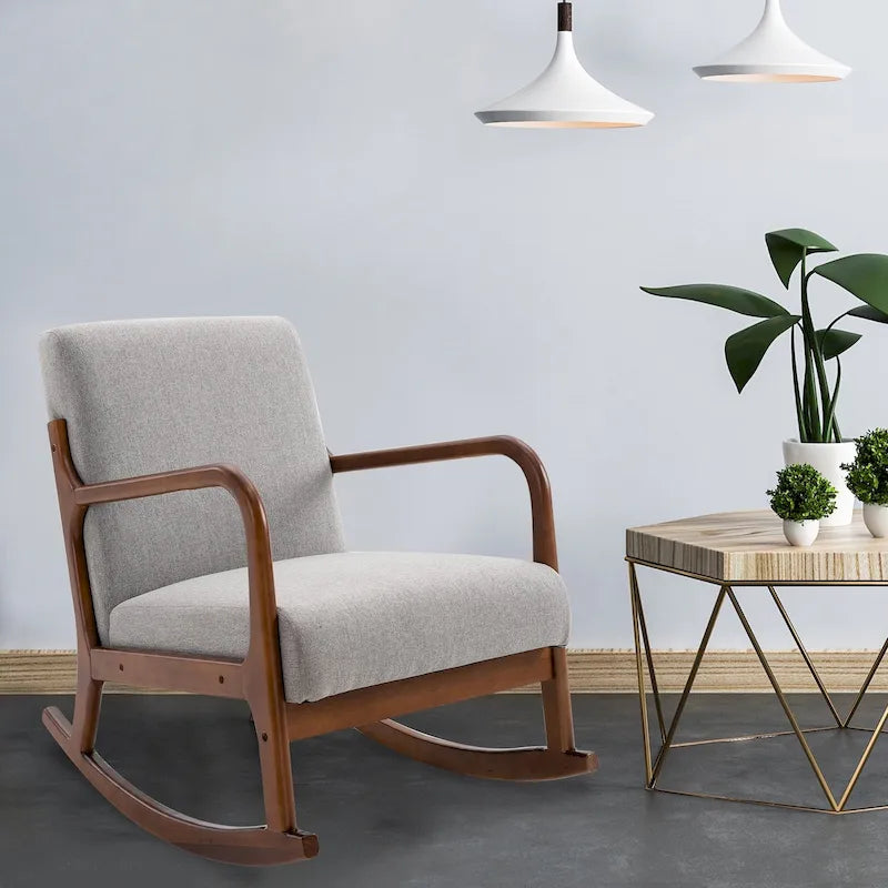 Fauteuil à bascule avec piètement en bois courbé, fauteuil à bascule en tissu avec assise rembourrée pour chambre et salon