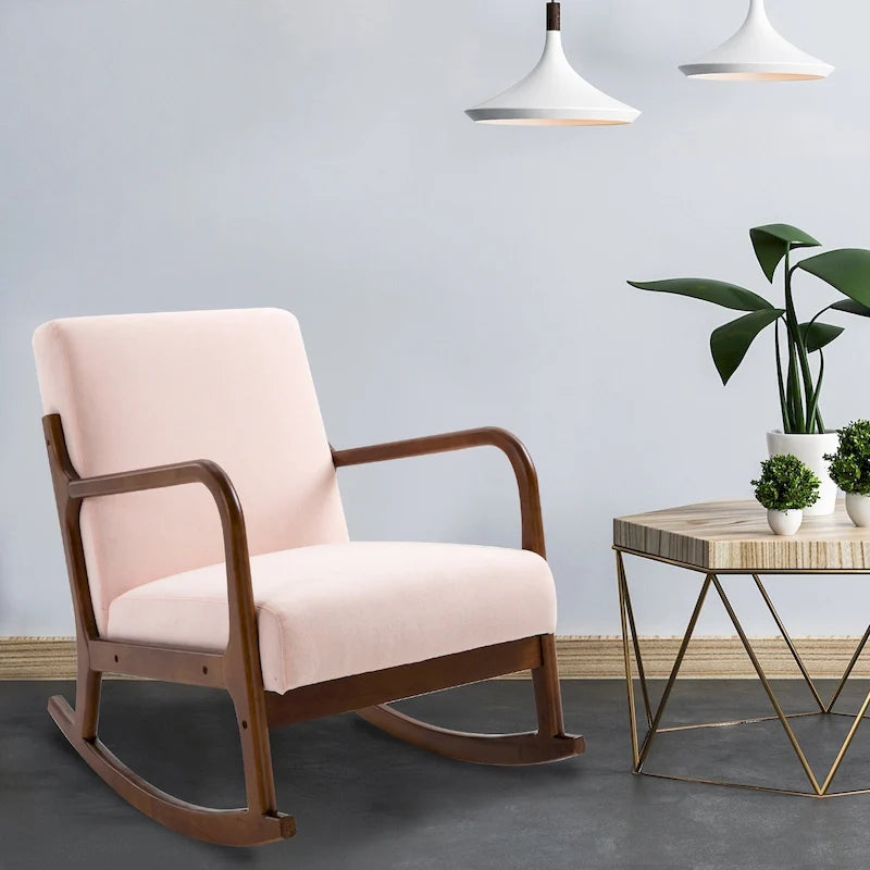 Fauteuil à bascule avec piètement en bois courbé, fauteuil à bascule en tissu avec assise rembourrée pour chambre et salon