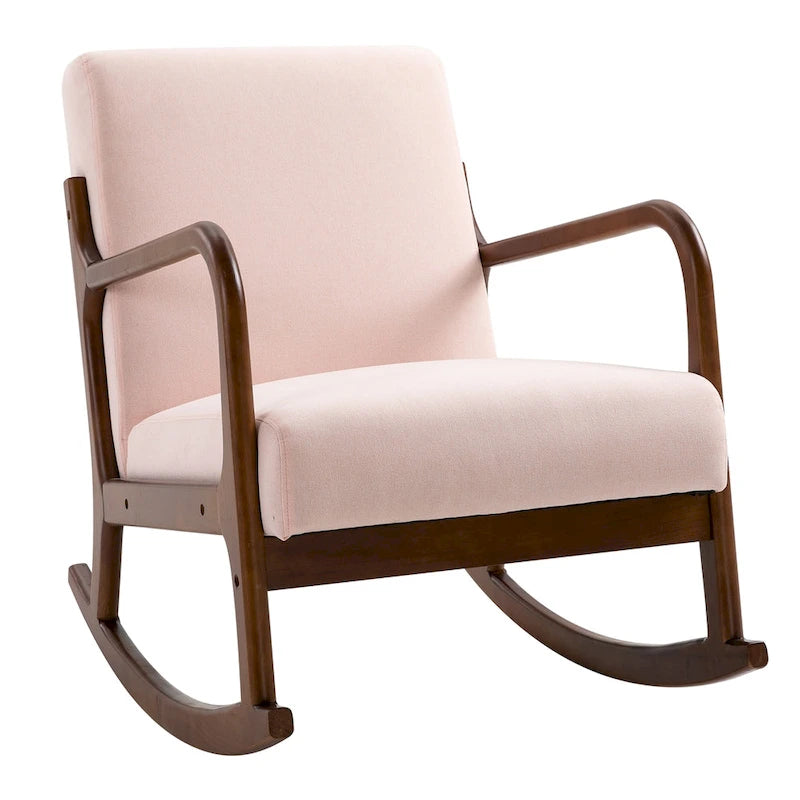 Fauteuil à bascule avec piètement en bois courbé, fauteuil à bascule en tissu avec assise rembourrée pour chambre et salon