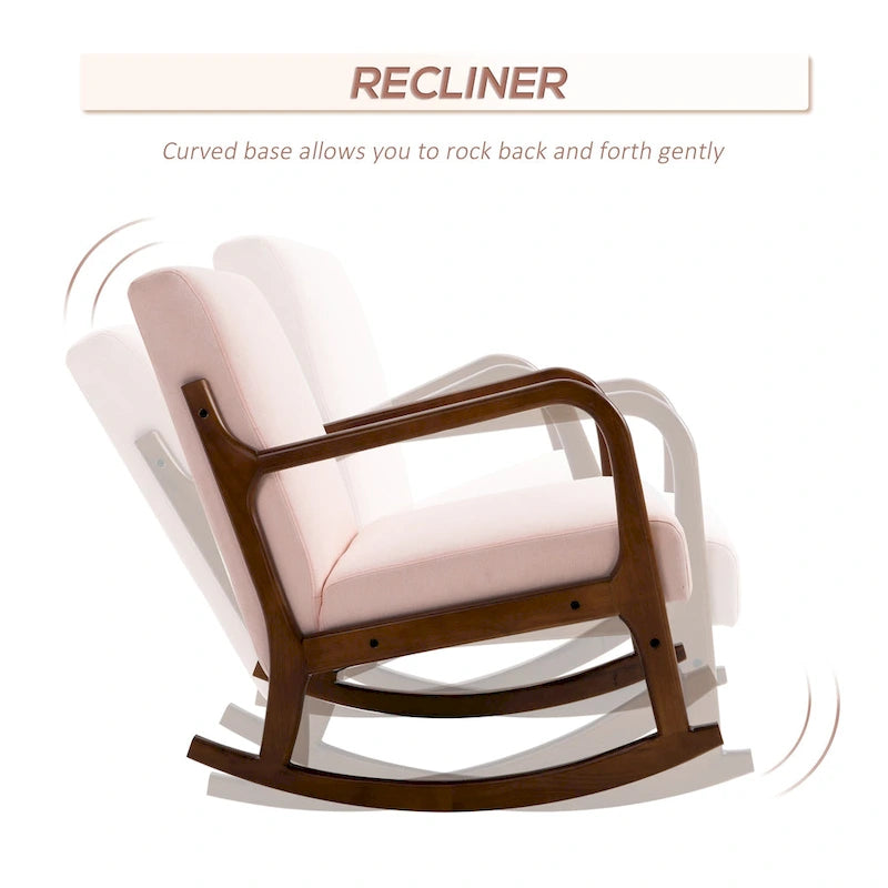 Fauteuil à bascule avec piètement en bois courbé, fauteuil à bascule en tissu avec assise rembourrée pour chambre et salon
