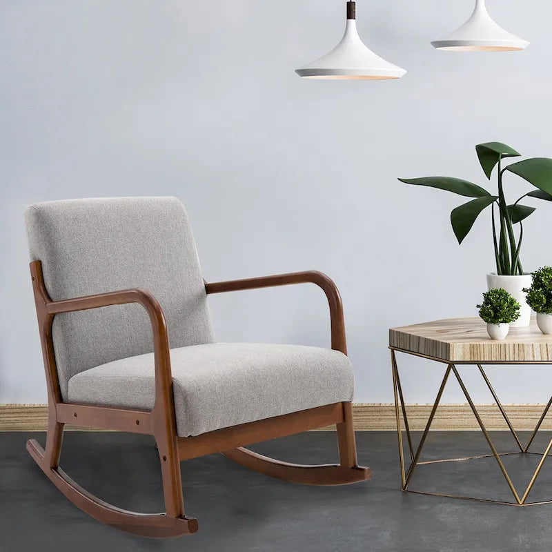 Fauteuil à bascule avec piètement en bois courbé, fauteuil à bascule en tissu avec assise rembourrée pour chambre et salon