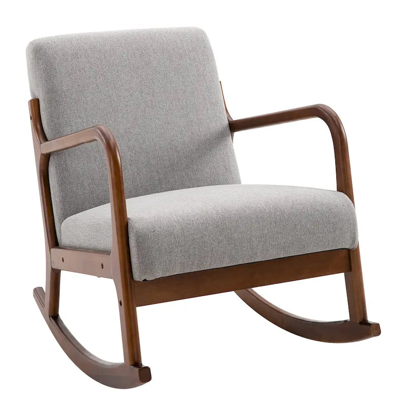 Fauteuil à bascule avec piètement en bois courbé, fauteuil à bascule en tissu avec assise rembourrée pour chambre et salon