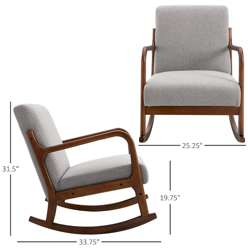 Fauteuil à bascule avec piètement en bois courbé, fauteuil à bascule en tissu avec assise rembourrée pour chambre et salon