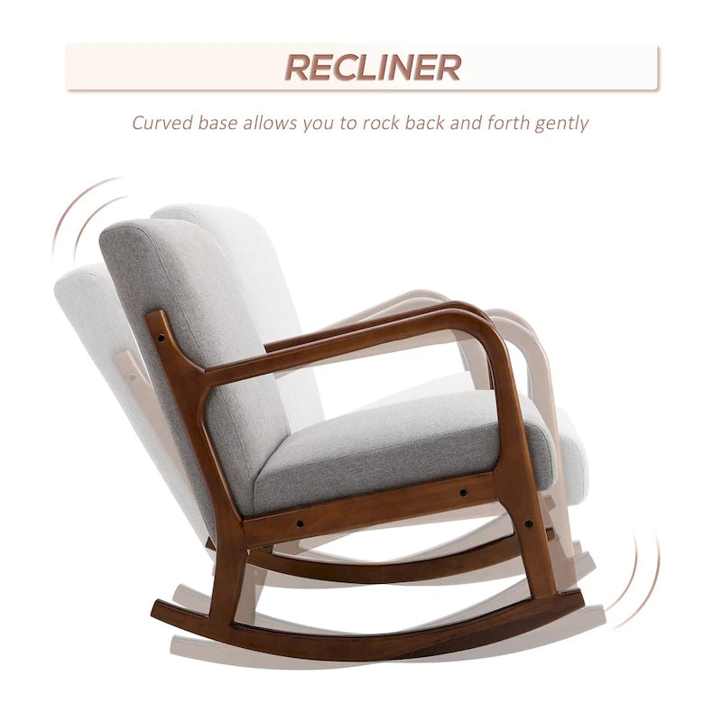 Fauteuil à bascule avec piètement en bois courbé, fauteuil à bascule en tissu avec assise rembourrée pour chambre et salon
