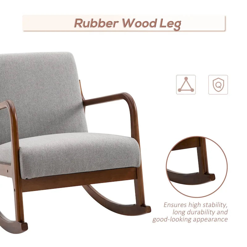 Fauteuil à bascule avec piètement en bois courbé, fauteuil à bascule en tissu avec assise rembourrée pour chambre et salon