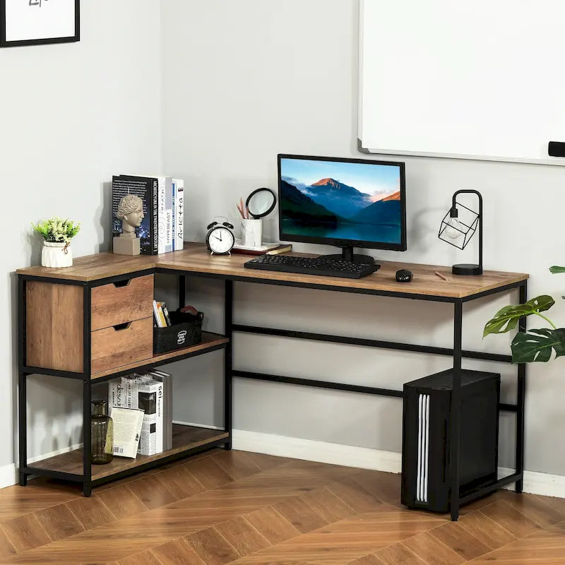 Bureau d'angle avec étagère de rangement et tiroir pour bureau à domicile, Marron