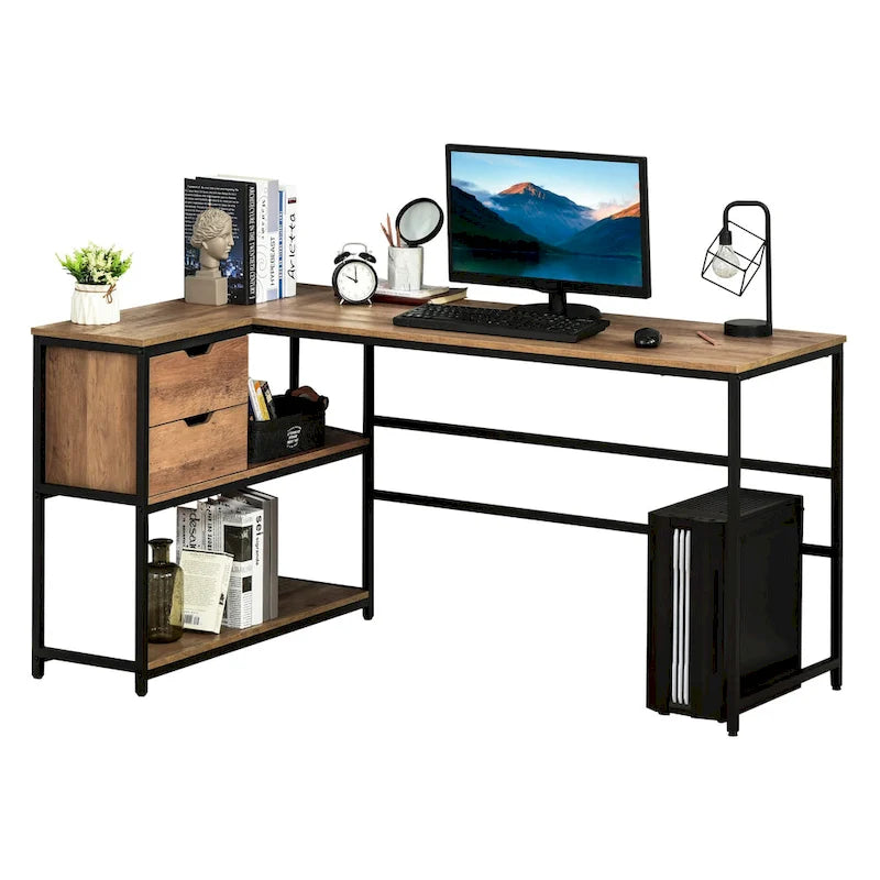 Bureau d'angle avec étagère de rangement et tiroir pour bureau à domicile, Marron