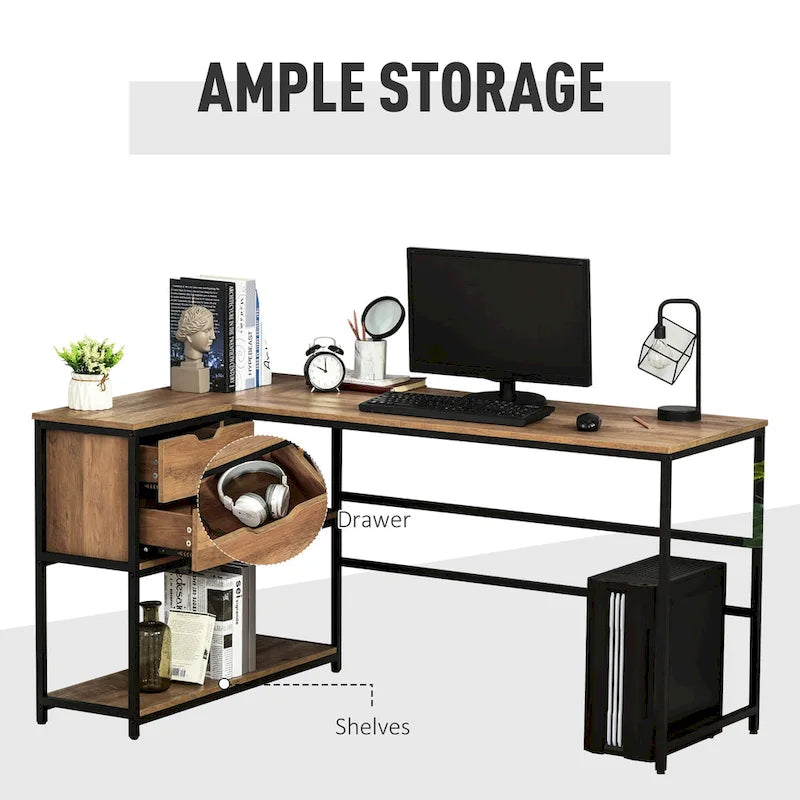 Bureau d'angle avec étagère de rangement et tiroir pour bureau à domicile, Marron
