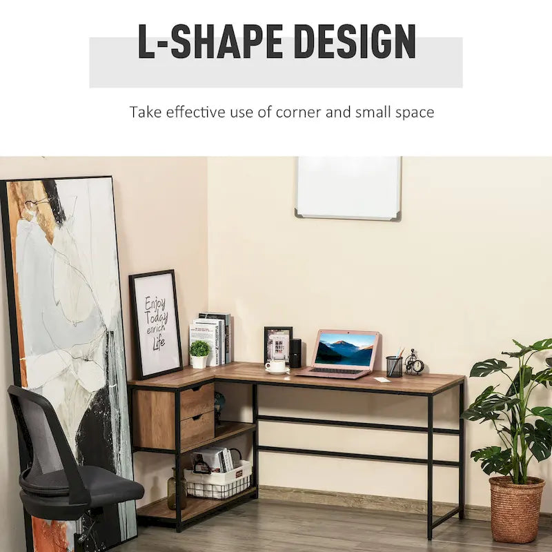 Bureau d'angle avec étagère de rangement et tiroir pour bureau à domicile, Marron