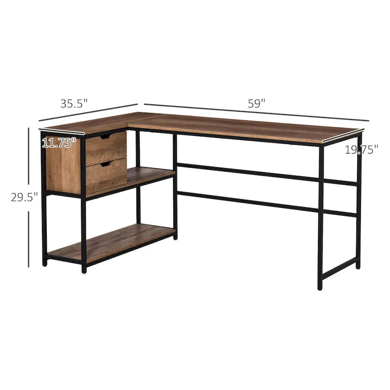 Bureau d'angle avec étagère de rangement et tiroir pour bureau à domicile, Marron