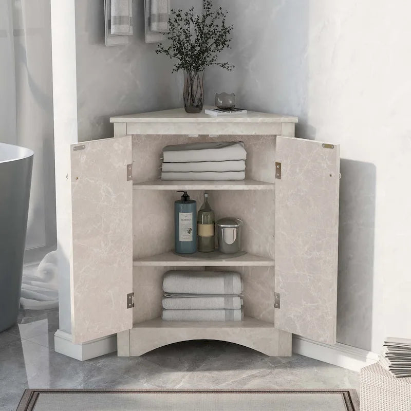 Meuble de rangement d'angle pour salle de bain avec étagères réglables