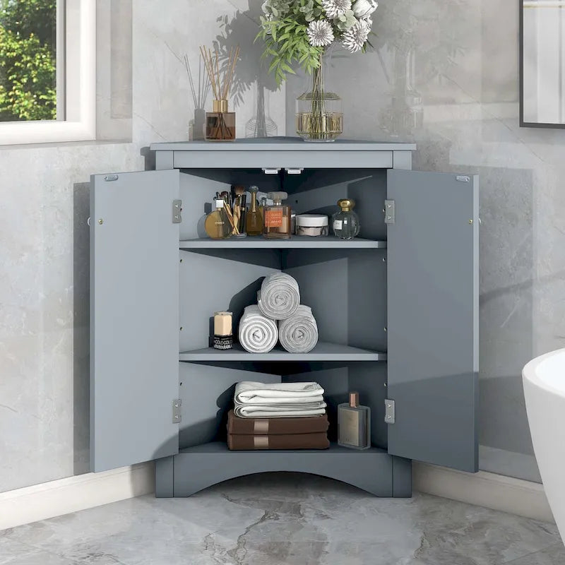 Meuble de rangement d'angle pour salle de bain avec étagères réglables