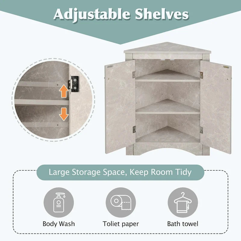 Meuble de rangement d'angle pour salle de bain avec étagères réglables