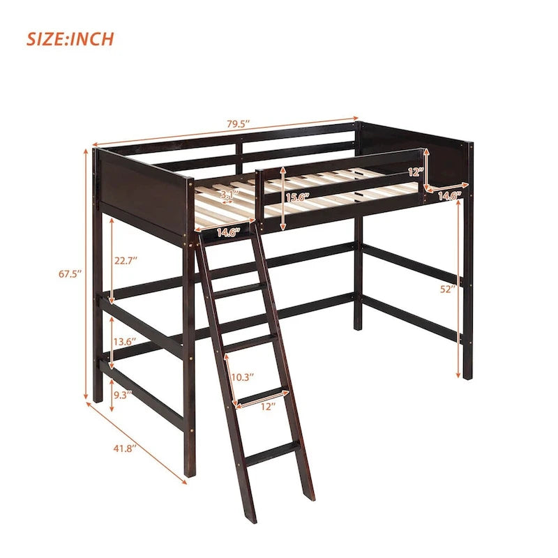 Lit mezzanine double en bois massif avec échelle