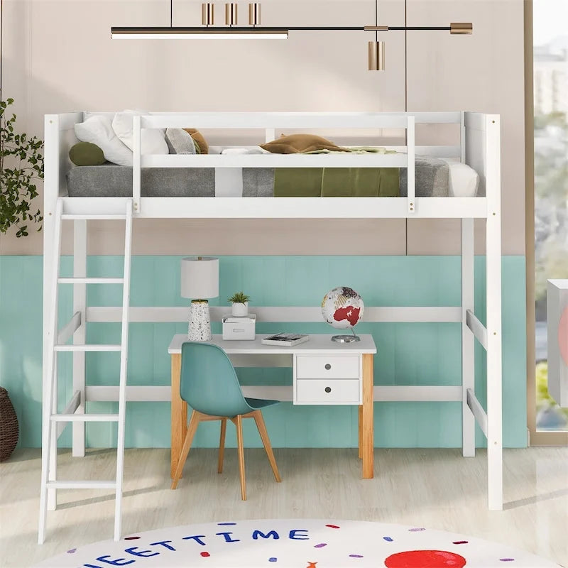 Lit mezzanine double en bois massif avec échelle