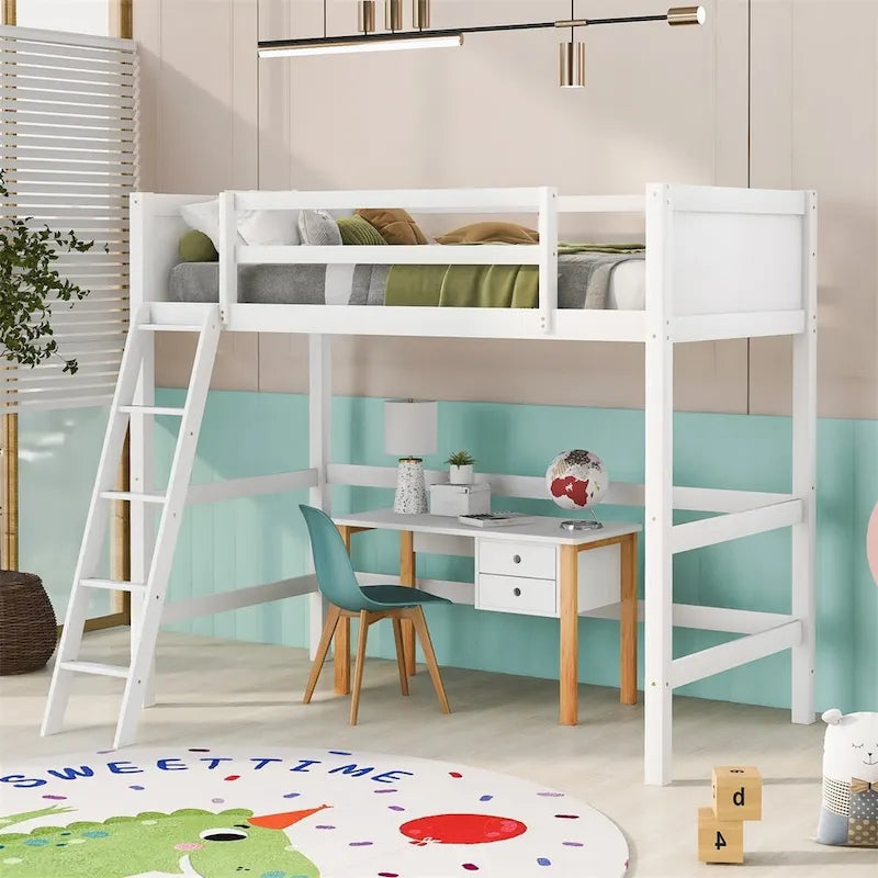 Lit mezzanine double en bois massif avec échelle