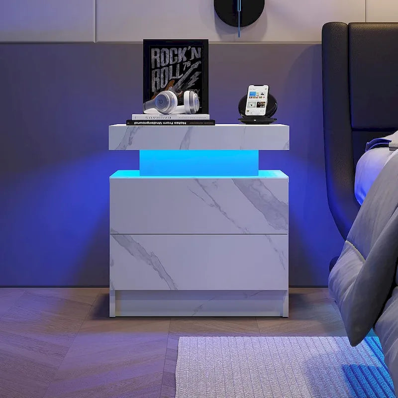 Table de chevet/Table de nuit en bois moderne avec lumières LED et 2 tiroirs